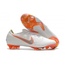 2018 Crampons De Football Nike Mercurial Vapor XII Elite FG Blanc Gris Métallique Orange Total